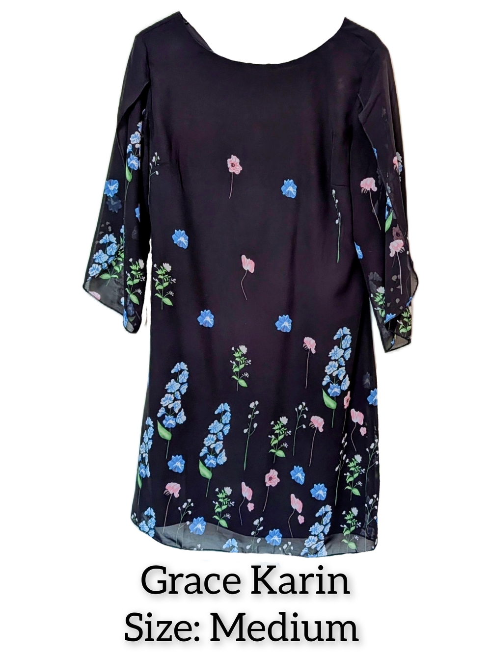 Grace Karin Black Floral Shift Dress with Blue and Pink Blooms
